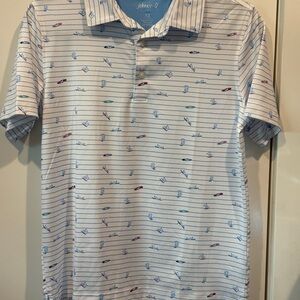 Johnnie-O White Striped Polo 
Size: 12 
New - never worn 
Surfer print